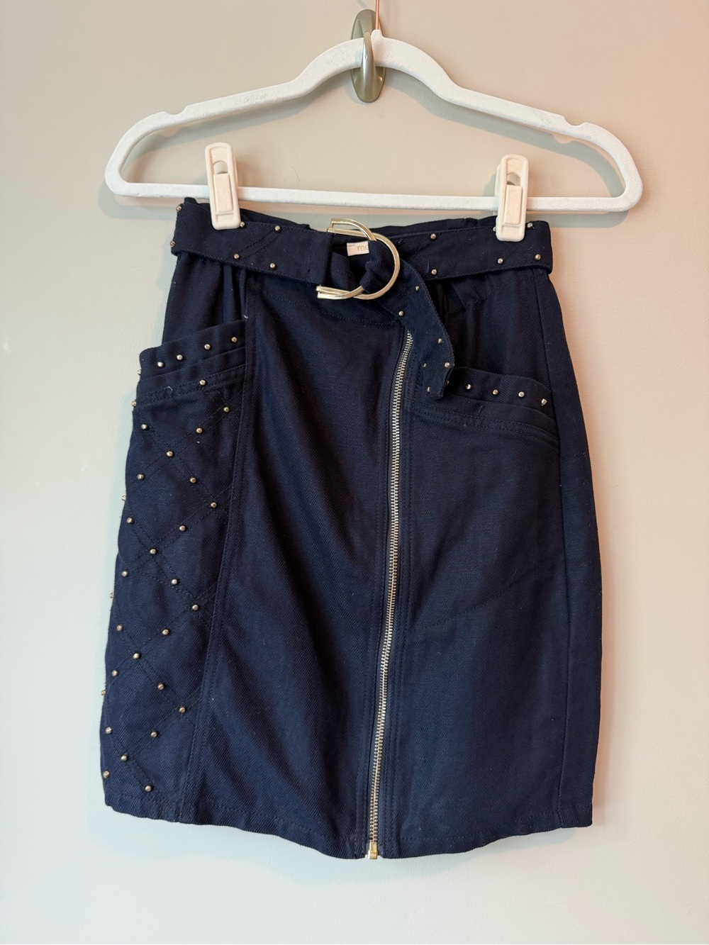 Maje Navy Studded Zip-Front Pencil Skirt with Belt Sz 34/US 2